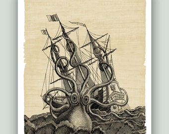 Nautische kunst, Zeilen kunst decoratie, Zeilboot decor, Giant octopus aanvallen oude schip zeilboot op Papyrus achtergrond, Digitale Download.