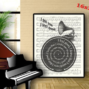James Brown Print, I got you I feel good, Lyrics in spiral over sheet music reproduction, Song Poster, Wedding song, Anniversary gift