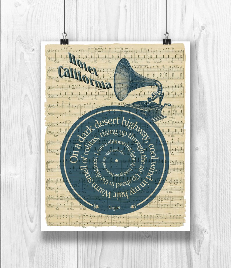 Eagles Print, Hotel California, Lyrics in spiral over sheet music reproduction, Song Poster, Eagles Art, Wedding gift, Wedding song. image 2