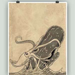 Kraken vs Cachalot, Art fantastique nautique, Affiche de poulpe, Impression de cachalot, Décor mural, Décor de locéan, Cadeau de marin ou de marin, Décor de bord de mer ANTIQUED PRINT
