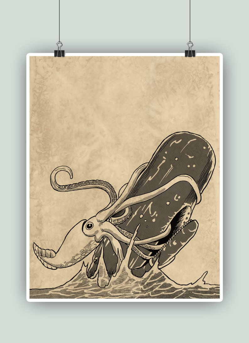 Kraken vs Cachalot, Art fantastique nautique, Affiche de poulpe, Impression de cachalot, Décor mural, Décor de locéan, Cadeau de marin ou de marin, Décor de bord de mer ANTIQUED PRINT