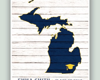 Michigan art print, University of Michigan Graduation Gift, Graduation decor, Ann Arbor Univesity, Personalized Poster, Custom State Map