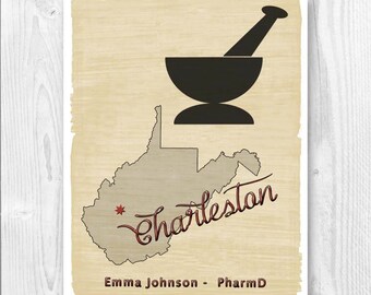 Impression de pharmacien personnalisée, décor de pharmacien, mortier et pilon, impression de fin d’études de pharmacien, cadeau Charleston PharmD, impression DE PHARMACIEN WV