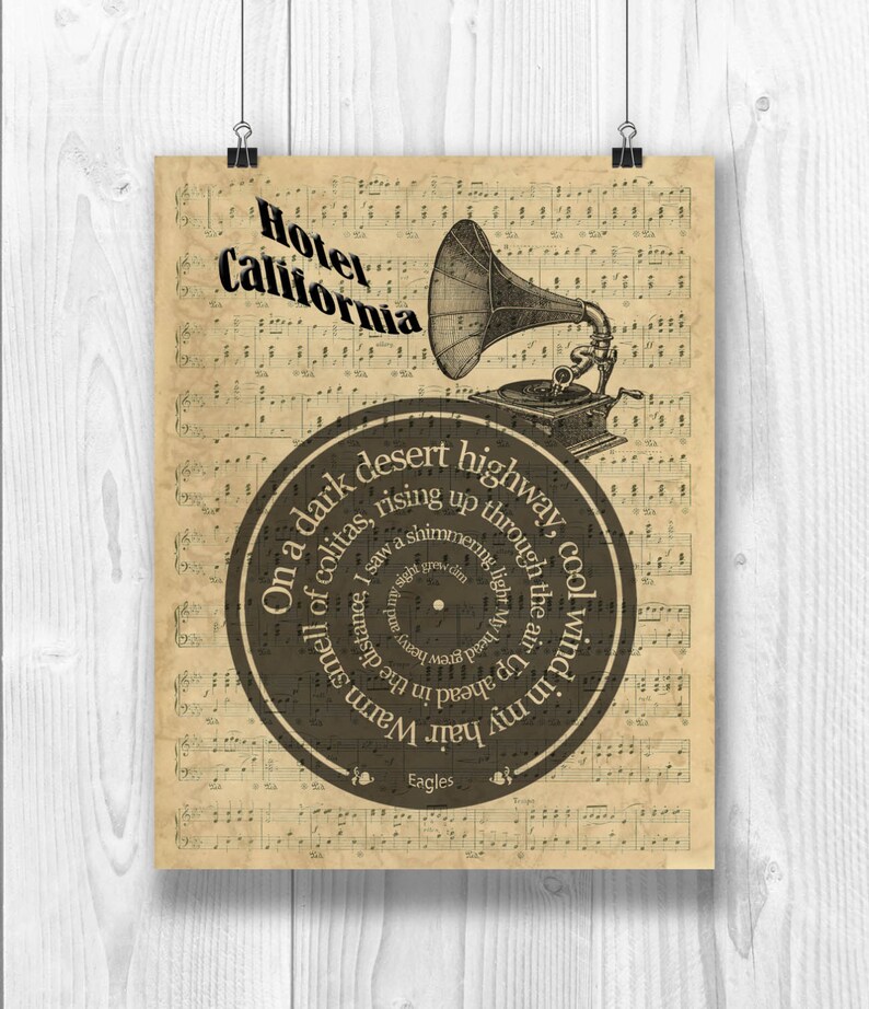 Eagles Print, Hotel California, Lyrics in spiral over sheet music reproduction, Song Poster, Eagles Art, Wedding gift, Wedding song. image 3