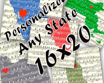 Personalized Gift on sheet music background, Any state, country, skyline, Wedding, Established, Anniversary, Babyshower, Est. sign