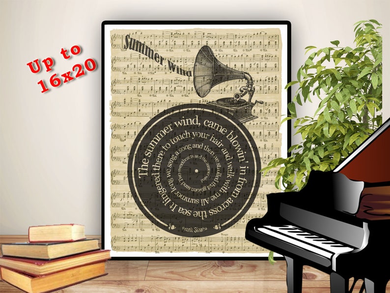 Impression Frank Sinatra, vent d'été, paroles en spirale sur la reproduction de partitions, affiche de chanson, chanson de mariage, cadeau de mariage Papyrus Background