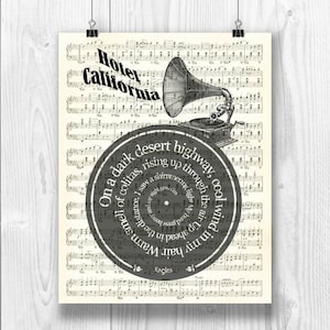 Eagles Print, Hotel California, Lyrics in spiral over sheet music reproduction, Song Poster, Eagles Art, Wedding gift, Wedding song.