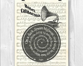 Eagles Print, Hotel California, Lyrics in spiral over sheet music reproduction, Song Poster, Eagles Art, Wedding gift, Wedding song.