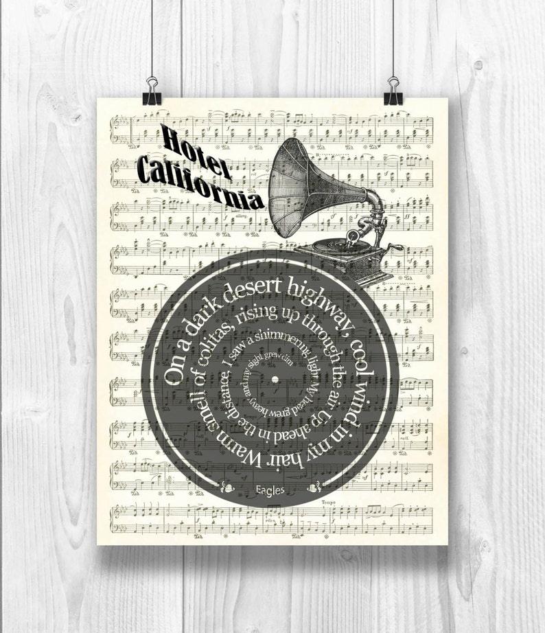 Eagles Print, Hotel California, Lyrics in spiral over sheet music reproduction, Song Poster, Eagles Art, Wedding gift, Wedding song. image 1