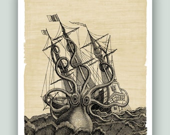 Kraken Art, Octopus Art, Octopus Print,  Coastal Wall Art, Nautical Wall Decor, Octopus Poster, Coastal Wall Decor, Ocean Decor, Ocean Art