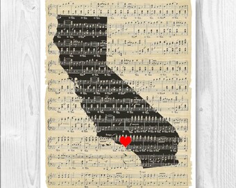 California Map Art, California Silhouette, Sheet music, California Map Music Art, Wedding, Established, Anniversary, Los Angeles hearted