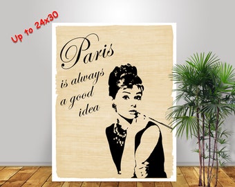 Paris is always a good idea, Audrey Hepburn art, Audrey Hepburn quote, Audrey Hepburn print, Paris art, Paris theme party, FREE SHIPPING