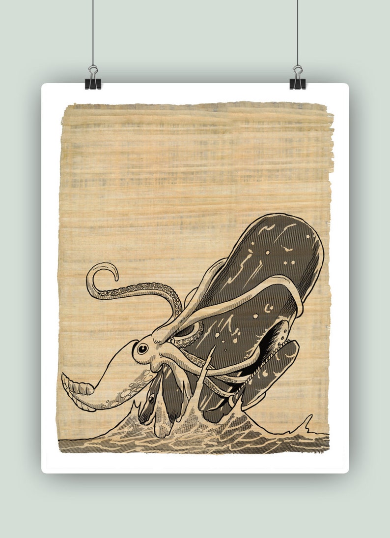 Kraken vs Cachalot, Art fantastique nautique, Affiche de poulpe, Impression de cachalot, Décor mural, Décor de locéan, Cadeau de marin ou de marin, Décor de bord de mer PAPYRUS PAPER PRINT