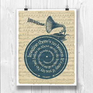 John Lennon Print, Imagine, Lyrics in spiral over sheet music reproduction, Song Poster, John Lennon Art, Wedding gift, Wedding song.