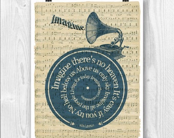 John Lennon Print, Imagine, Lyrics in spiral over sheet music reproduction, Song Poster, John Lennon Art, Wedding gift, Wedding song.