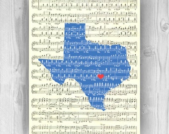 Texas Karte Kunst Texas Silhouette, Austin herzhafte Stadt, Karte Musik Kunst, Valentinstag Geschenk, Hochzeit, etabliert, Jubiläum, Texas Karte Kunst