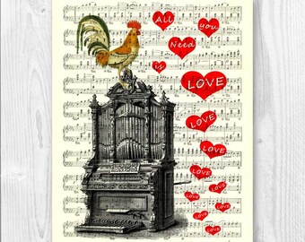 Organ art, cock art, All you need is love, steampunk Organ Print, Organ Pipe Cabinet, gift for musicians, Gift for lovers, anniversary gift