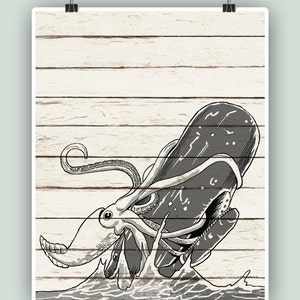 Kraken vs Cachalot, Art fantastique nautique, Affiche de poulpe, Impression de cachalot, Décor mural, Décor de locéan, Cadeau de marin ou de marin, Décor de bord de mer FAUXWOOD PAPER PRINT