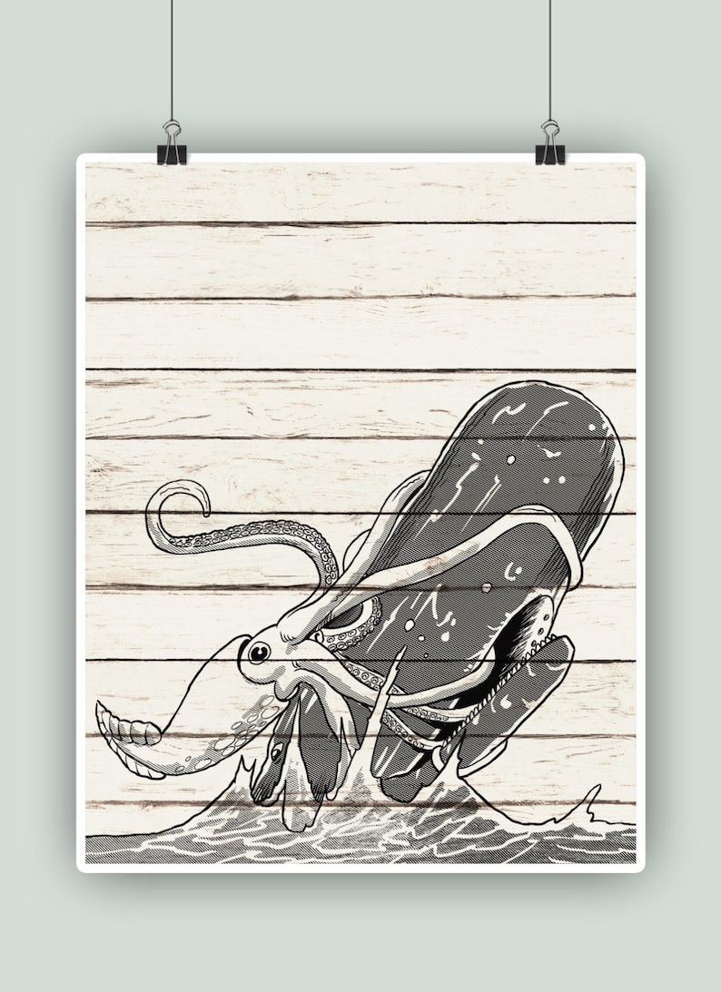 Kraken vs Cachalot, Art fantastique nautique, Affiche de poulpe, Impression de cachalot, Décor mural, Décor de locéan, Cadeau de marin ou de marin, Décor de bord de mer FAUXWOOD PAPER PRINT