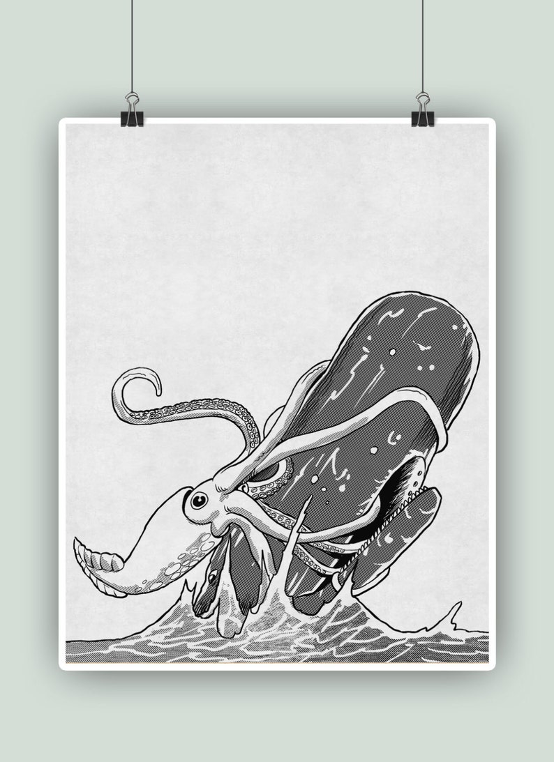 Kraken vs Cachalot, Art fantastique nautique, Affiche de poulpe, Impression de cachalot, Décor mural, Décor de locéan, Cadeau de marin ou de marin, Décor de bord de mer OFFWHITE PAPER PRINT