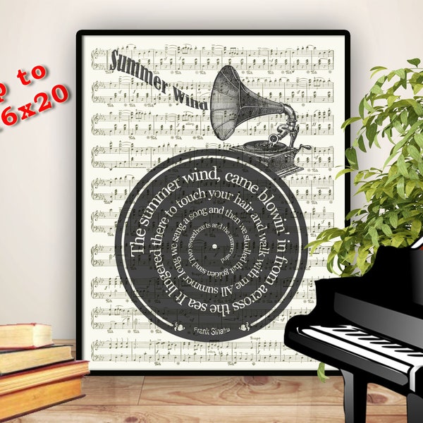 Frank Sinatra Print, Summer wind, Lyrics in spiral over sheet music reproduction, Song Poster, Wedding song, Wedding gift