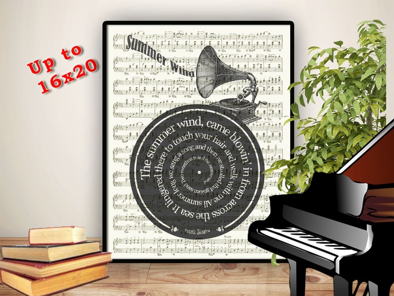 Impression Frank Sinatra, vent d'été, paroles en spirale sur la reproduction de partitions, affiche de chanson, chanson de mariage, cadeau de mariage Off-white / Black