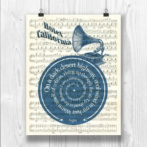 Eagles Print, Hotel California, Lyrics in spiral over sheet music reproduction, Song Poster, Eagles Art, Wedding gift, Wedding song. image 4