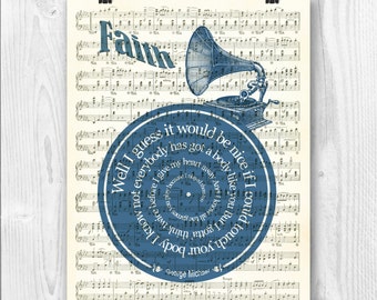 Faith song, George Michael Print, George Michael  Poster, George Michael Art, Lyrics in spiral over sheet music reproduction,  Wedding gift