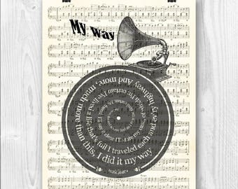 Frank Sinatra Print, My Way, F. Sinatra tribute art, Lyrics in spiral over bladmuziek reproductie, Song Poster, Huwelijksgeschenk, Bruiloft lied