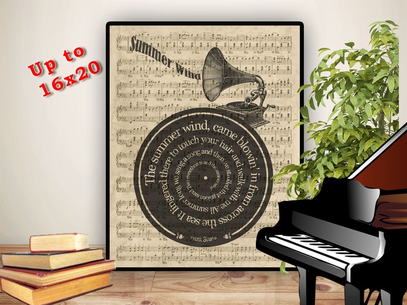 Impression Frank Sinatra, vent d'été, paroles en spirale sur la reproduction de partitions, affiche de chanson, chanson de mariage, cadeau de mariage Antiqued Background