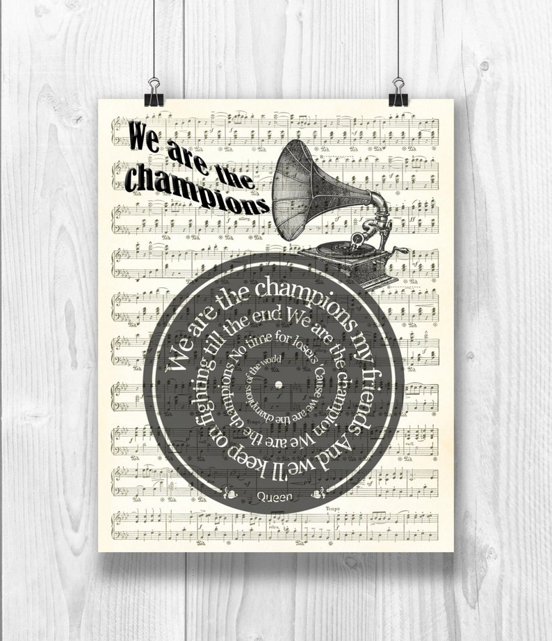 Queen Print, We Are the Champions Song, Lyrics in Spiral Over Sheet Music Reproduction, Queen ...