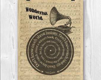 Sam Cooke Print, Wonderful world song lyrics in spiral over sheet music reproduction, Sam Cooke tribute art, Song Poster, Wedding gift.