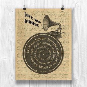 Elvis Presley Print, Love Me Tender song lyrics in spiral over sheet music reproduction, Elvis tribute art, Song Poster, Wedding gift.