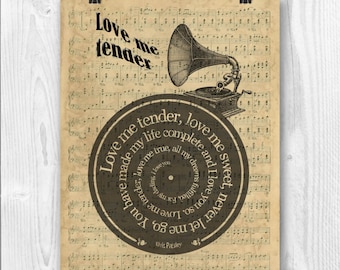 Elvis Presley Print, Love Me Tender song lyrics in spiral over sheet music reproduction, Elvis tribute art, Song Poster, Wedding gift.