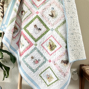 Peter Rabbit and Friends Panel Baby Quilt/ Cheater Patchwork Print/46x39”
