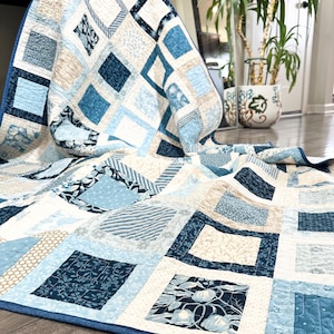 Blue and Taupe Patchwork Quilt/Lap Quilt/67”x54”