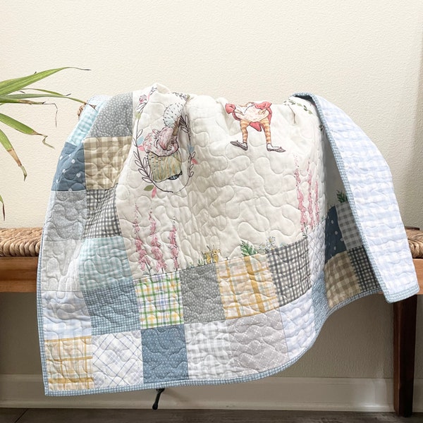 Peter Rabbit Baby Quilt/ Blue Patchwork Baby Quilt/ Ginghams and Dots/ 54”x37”