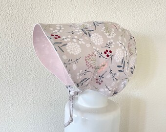 Reversible Baby Bonnet: Floral Print, Light Grey & Pale Pink Cotton