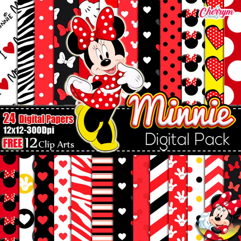 Minnie Mouse Red Digital Paper Free Clip Art Scrapbook Papers Wallpaper Minnie Background Polka Dots Red Black Digital Papers