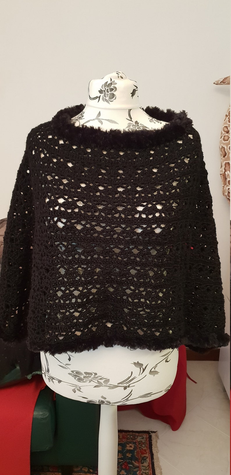 One size Crochet poncho cape in wool blend with faux fur trim in very soft microfibre can be worn in 2 ways Handmade