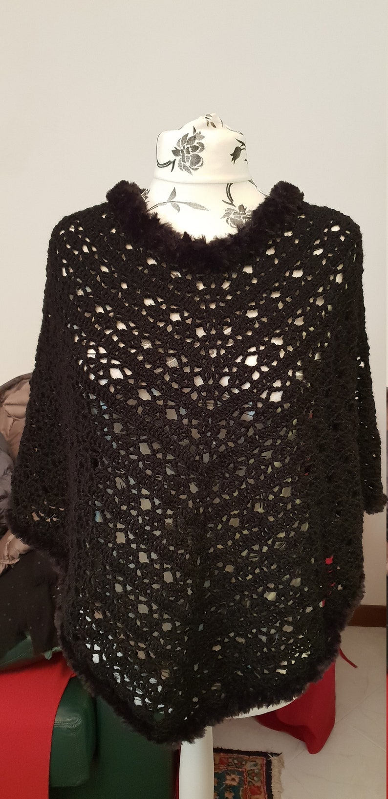 One size Crochet poncho cape in wool blend with faux fur trim in very soft microfibre can be worn in 2 ways Handmade