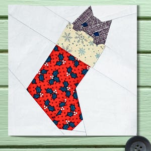 Christmas Stocking Cat Quilt Block Pattern Beginners Foundation Paper Piecing FPP Printable PDF 25.4 cm or 10 inches New