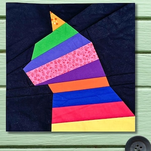 Könnte beinhalten: Ein farbenfrohes, geometrisches Katzendesign auf dunklem blauem Hintergrund. Der Kopf der Katze besteht aus verschiedenen Stoffstreifen in Grün-, Lila-, Rosa-, Orange-, Blau-, Rot- und Gelbtönen. Das Ohr der Katze ist ein Dreieck mit einem orange-gelben Muster.
