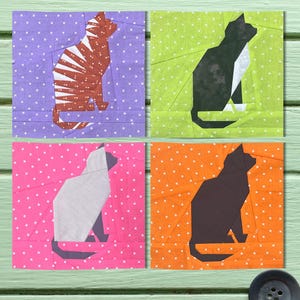 Patrón de bloque de edredón de gato en formato FPP, cuatro variaciones, base de patchwork de papel, PDF imprimible, 25 x 25 cm o 9,8 pulgadas