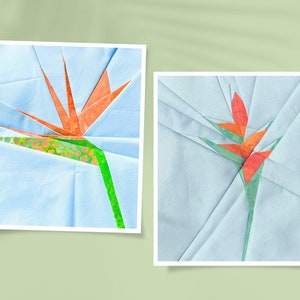 Puede incluir: Dos imágenes enmarcadas de flores de ave del paraíso hechas con papel. La primera imagen es una flor de ave del paraíso verde, naranja y blanca. La segunda imagen es una flor de ave del paraíso roja, naranja y verde.