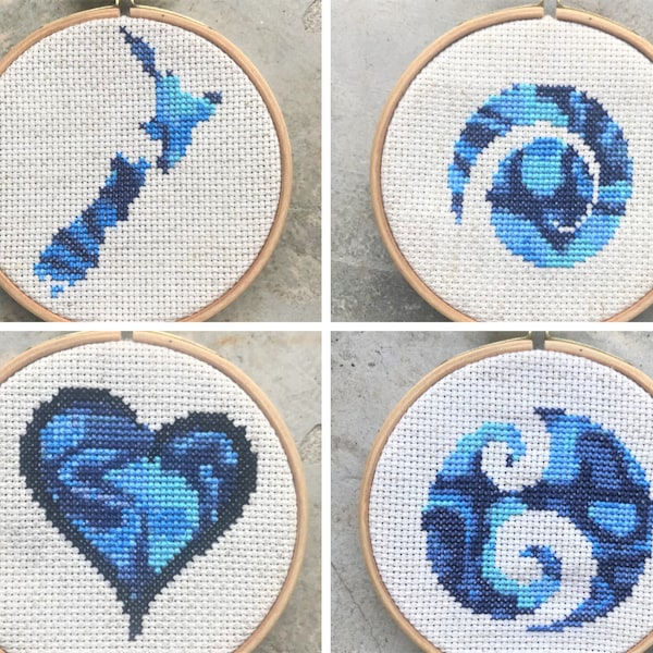 Cross Stitch Pattern Bundle of four Paua New Zealand Aotearoa Pattern Charts Abalone Designs Single and Double Koru, Heart and NZ Map