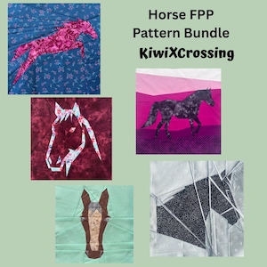May include: A collection of five fabric patterns featuring horse designs. The patterns include a running horse, horse heads, and geometric horse silhouettes. The text "Horse FPP Pattern Bundle KiwiXCrossing" is displayed.