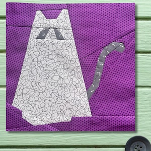 Patrón de bloque de edredón de gato fantasma, base FPP, paper piecing, imprimible en PDF, 25,4 x 25,4 cm o 10 pulgadas