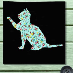 FPPパターン 猫5シルエット ファンデーションペーパーピーシング 25.4x25.4 cm または 10インチ モダンキルトブロックデザイン PDF 黒猫が遊ぶ