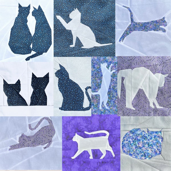 FPP Pattern Bundle 10x Cat Silhouette Foundation Paper Piecing Pattern 25x25cm ou 10 pouces Quilt Block Design PDF